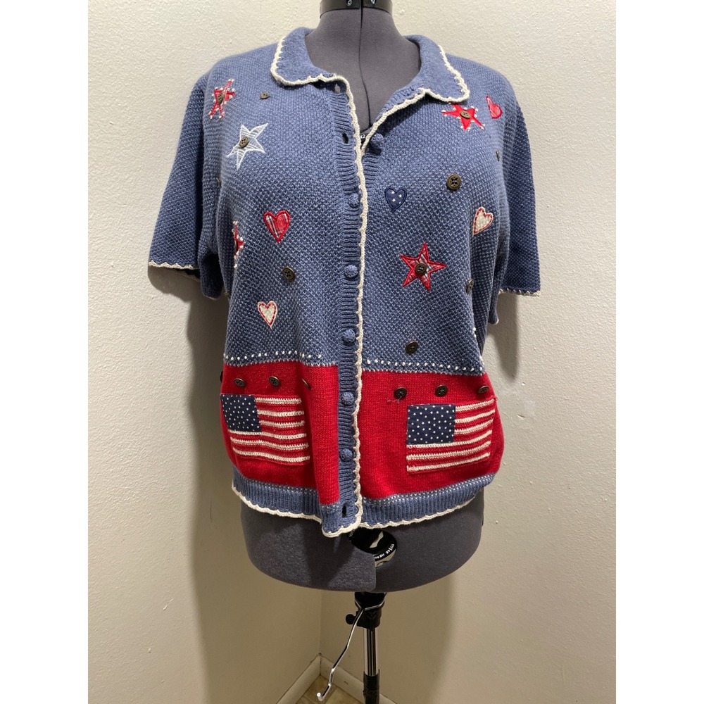 Koret City Blues Size L  Vintage Patriotic Short Sleeve American Flag Cardigan